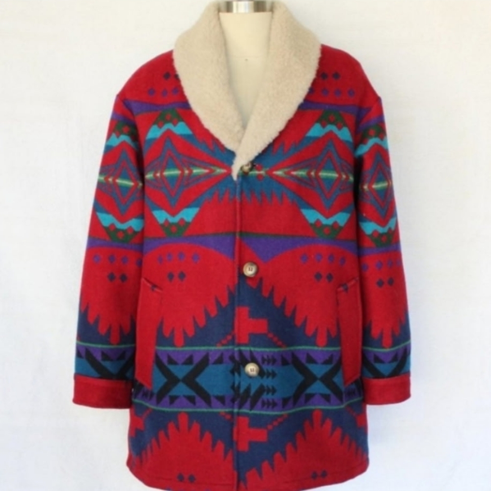 Pendleton Red and Blue wool Patterned Pea Coat - image 1